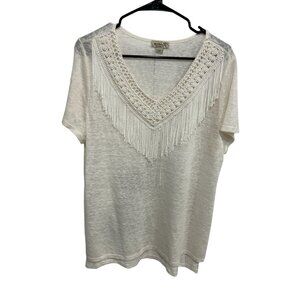One World White Sheer Knit Crochet V-Neck Fringe Top Size XL Boho Festival
